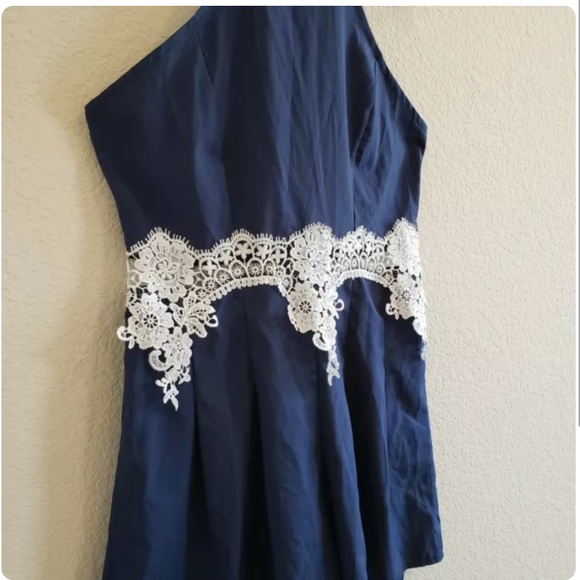 Navy romper with open sides and lace midriff - Picture 2 of 6